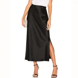 Skirts Spring Summer Ribbon Satin High Elastic Waist Solid Split Long LDY-WW6638