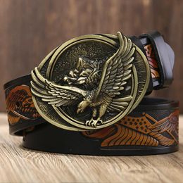 Western denim personality fashionable leather belt mens casual male eagle buckle carving craft belt 240320
