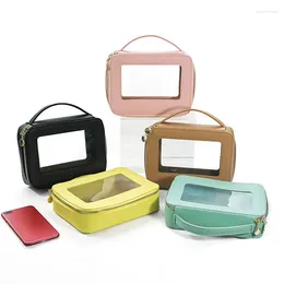 Cosmetic Bags Woman Colourful Solid Colour Portable Case Travel Transparent Opening Makeup Bag PVC Handbag Bath Wash