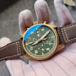 41mm real bronze case automatic 7750 chronograph pilot men watch sapphire crystal waterproof wristwatch genuine Leather Strap date205D