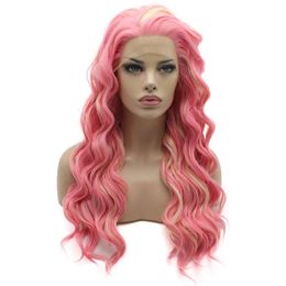 Lushy Synthetic Lace Front Wavy Long 24inch Pink Light Blonde Mix Heavy Density Realistic Wig