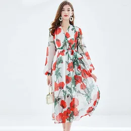 Casual Dresses Runway Rose Flower Lantern Sleeve Chiffon Maxi Dress Women Elegant V Neck Floral Print Lace Up Belt Boho Lady Holiday