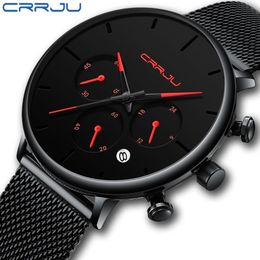 Relogio Masculino CRRJU Mens Business Dress Watches Luxury Casual Waterproof Sport Watch Men 3-Sub Dial Quartz Slim Mesh Watch196y