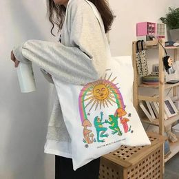 Shopping Bags Vintage Frog Print Canvas Bag Large Capacity Harajuku Shopper Cartoon Women Shoulder Casual Fashion Tote Bolso