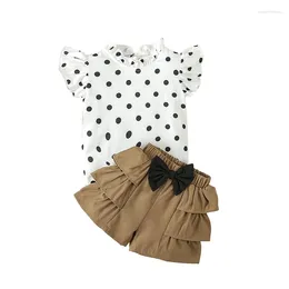 Clothing Sets Little Girl 2 Piece Summer Set Sleeve Frill Trim Dot Print Tops Elastic Waist 3D Bow Layered Shorts Infant Toddler Outfit