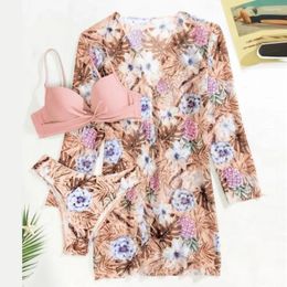 Women's Swimwear Polyester Spandex Swimsuit Floral Print Three-piece Bikini Set With High Waist Long Sleeve Cover-up For Women Summer
