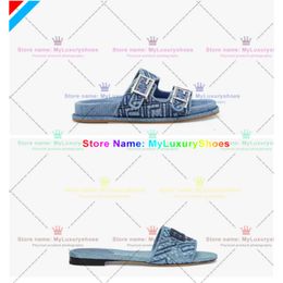 New Double Strap Flat Sandals With F Decorative Buckle And Antique Blue Denim Material Embellishment Quilted F Pattern Size 35-42 With Box 892 940