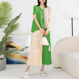Work Dresses Miyake Suit Women's Fashion Two-Piece 2024 Summer Contrast Colour Loose Large Size Top Elastic Waist Pleated Wide Leg Pants