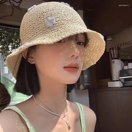 Berets Japanese Sweet Girl Hollow Grass Woven Bucket Hat Women's Summer Breathable Shading Female Trendy Accessories