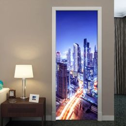 Stickers Beautiful City Night View Door Stickers European Style Wall Sticker For Bedroom Living Room landscape Waterproof Decals 3D Mural