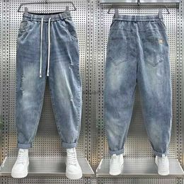 Men's Jeans 2024 new loose casual denim jeans suitable for mens spring/summer harem Distressed elastic bag cargo blue jeans jogging pantsL2403