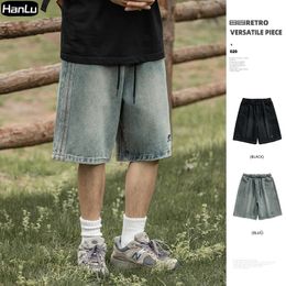 Mens Summer Vintage Denim Side Panel Shorts Casual Loose Blue Jeans Elastic Waistpack 240315