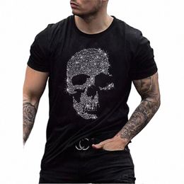 new Mens Quality Fi T-Shirts Casual Hip Hop Short Sleeve Skull Hot Drill Men Clothing Tee Tops O-Neck Rhineste Tshirt Y2K 9629#