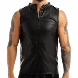 mens Fi Club Tops Costumes Faux Leather Frt Zippered Undershirt Black Tank Top Vest Moto Punk Clubwear for Pole Dancing f1bF#