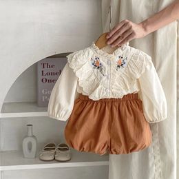 Infant Kids Cotton Clothing Set born Baby Girls Spring Full Sleeve Embroideried Top Tees Solid Bread Bottoms 2pcs 240314