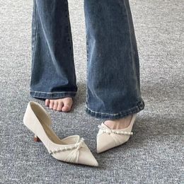 Dress Shoes Comemore Temperament Satin High Heels Female Fine Heel Pearl Woman 2024 Trend Elegant Heeled Shoe Pointed Head Pumps