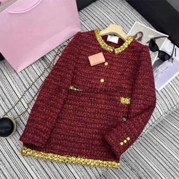 Luxury Women Two Piece Dress 24ss early spring new Miui nail bead edge coarse tweed woven round neck jacket high waisted small A skirt set