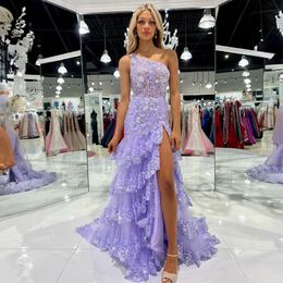 One Shoulder Tulle Lace Tiered Prom Dresses Side Split Layered With Sequin Appliques Graduation Party Gown Mermaid Long Evening Wears 415