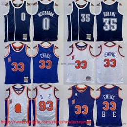 Printed Classic Retro 2015-16 Basketball 35 Kevin Durant Jersey Vintage Blue 1991-92 White 33 Patrick Ewing Jerseys Shirts 1993 93 BA PE 0 Russell Westbrook