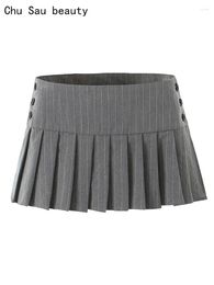 Skirts Chu Sau Beauty 2024 Women Fashion Preppy Style Striped Printed Mini Skirt Sexy Low Waist Chic Pleated Super Short