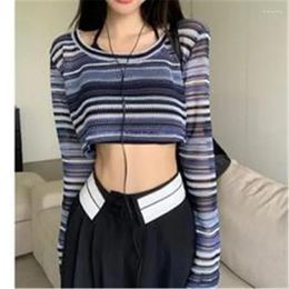 Women's Polos Striped Sun-proof T-shirts Women Spring Sexy Ladies Crop Tops Design Fashion Korean Style Casual All-match Thin Street Wear