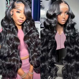 Misvin Body Wave HD Pre Plucked 28 Inch 180% Density 13x4 Glueless Frontal Wigs Human Lace Front Wig with Baby Hair for Women Natural Black