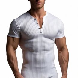 men's Threaded T-shirt Summer Running Sports Fitn Clothes Muscle Slim Fit Short Sleeve T-shirt V-neck Collar Casual Tops g9Nj#