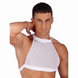 mens Sleevel Backl Sheer Mesh Crop Top Rave Outfit See Through Halter Neck Camisole Vest Tank Tops Pole Dance clubwear h2Jr#