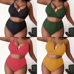 New Fat MM Sexy Plus Size Solid Color Strap High Waist Bikini Swimsuit P005