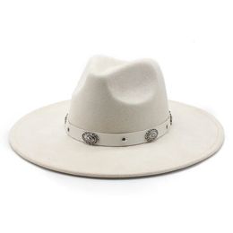 Vintage Suede Top Hat Fashion Belt Decoration 95cm Wide Brim Jazz Fedora Hats for Men Women Western Cowboy Style Felt Cap 240311