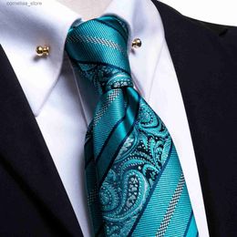 Neck Ties Neck Ties Hi-Tie New Luxury Teal Blue Wedding Necktie Mens Tie Glod Collar Pin Solid Handky Cufflinks Set Tie For Men Luxury High Quality Y240325