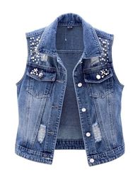 Denim Women Vest Luxury Pearls Fashion Ripped Autumn Jeans Jacket Sleeveless Loose Short Coat Causal Waistcoats 5XL 240313