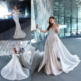 Dantel Vintage Deniz Kızı Gelinlik Omuzdan Çıkarılabilir Trenle Apliked Gelinlikler Arapça Aso Ebi Vestido de Novia Plus Trompet BC12354 2024