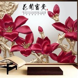Wallpapers Wellyu Custom Large-scale Mural High-end Bloom Color Red Carved Background Wall Living Room Bedroom Wallpaper