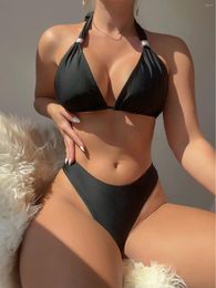 Women's Swimwear Sexy Black Bikini 2024 Women Luxury Solid Rhinestone Push Up Bra Micro Swimsuit Summer Bathing Suit Thong Biquini