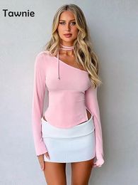 Tawnie Y2K Off Shoulder Long Sleeve Crop Top Women Autumn Sexy Slim Vintage Pink T Shirts Casual Outfits Streetwear Club 240312