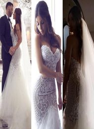 2023 Mermaid Wedding Dresses Arabic Dubai Plus Size Sweetheart Crystal Beading Lace Appliques Pearls Illusion Backless Court Train4315089