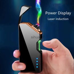 Lighters Laser Induction Electric Double Arc USB Lighter Outdoor Windproof Metal Pulse Plasma Lighter LED Power Display Mens Gift 240325