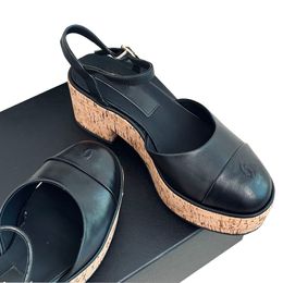 Womens Chunky Platform Heels 7cm Sandals Designer Lambskin Wood Grain Slides Adjustable Buckle Mules Quilted Texture Slingbacks Dress Shoe Rubber Sole Casual Shoe