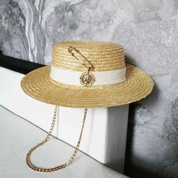 Wide Brim Hats Bucket Hats Summer Sun Hat Lafite Grass French Straw Hat Womens Chain Decoration Straw Hat Holiday Sun Hat Punk Style Beach J240325