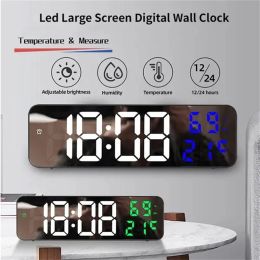 Clocks Led Wall Clock Large Screen Digital Mirror Adjustable Brightness Temp Humidity Date Display Alarm Clocks for Home Living Room