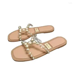 Slippers 2024 Square Toe Open Flat Bottom For Women Summer Outwear PVC Spliced Pearl Cross Strap Sandals