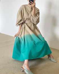 Casual Dresses SuperAen 2024 Spring Korean Stand Up Neck Double Pocket Lace Waist Design Lantern Sleeves Dress