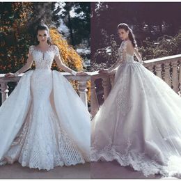 Mermaid Lace Backless New Wedding Dresses With Detachable Train Long Sleeves Beaded Tulle Overskirt Dubai Arabic Bridal Gowns