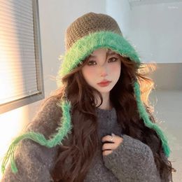 Berets 2024 Korean Winter Fashion Bucket Hat Color Matching Imitation Fur Lace-up Wide-brimmed Elegant Beanie Hats For Women