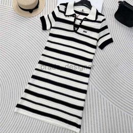 Luxury Casual Dresses 24ss early spring new Miui Academy style sweet and age reducing hollow out contrasting striped lapel short sleeved dress