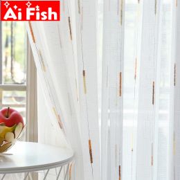 Curtains Linen White Bedroom Gauze Striped Screens Green Tulle Curtains Bay Window Translucent Partition Curtains For Living Room M202#5