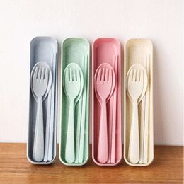 Cutlery Set Reusable Fork Sublimation Spoons Chopsticks Spoon Portable Travel Kids Adult Wheat Straw Tableware Dinnerware Sets s