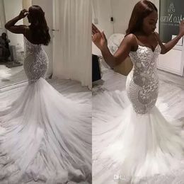 Mermaid African Modern South Wedding Suknizacja ślubna Seksowna V SCICK SPAGHETTI Strapy koronkowy wzór Tiul Long Vestido de noiva estido