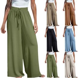 Women's Pants 2024 Summer Trousers Solid Elastic Lace Up Casual For Women High Waist Wide Leg Regular Loose Streetwear